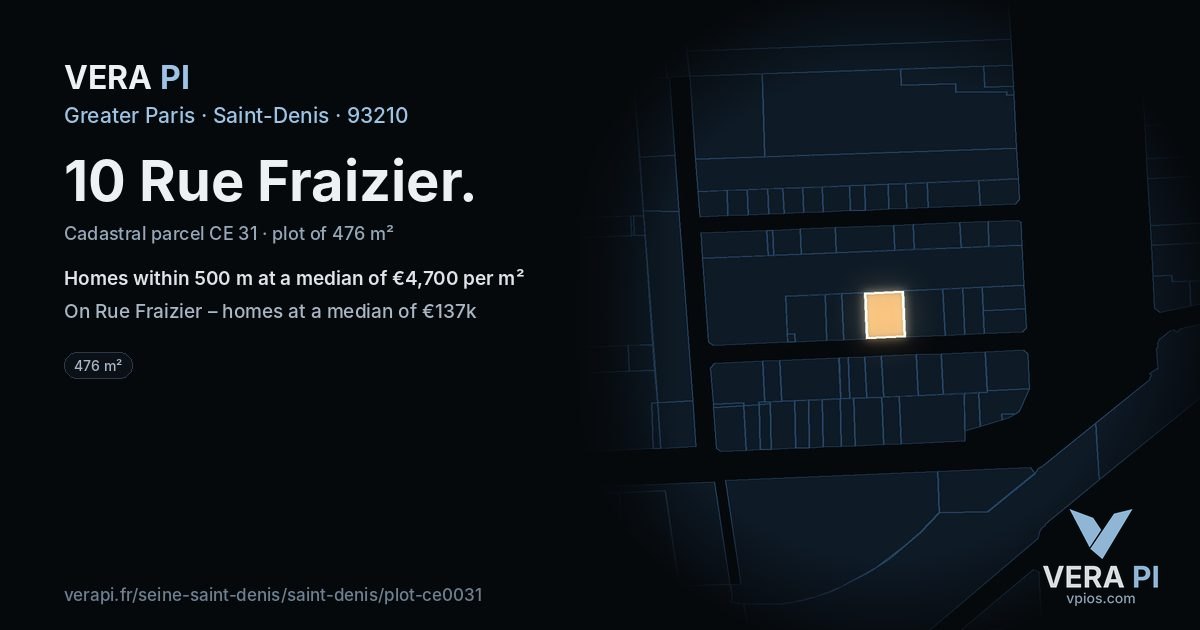 10 Rue Fraizier, Saint-Denis at night – the plot lit, the parcels around coloured by the prices near them