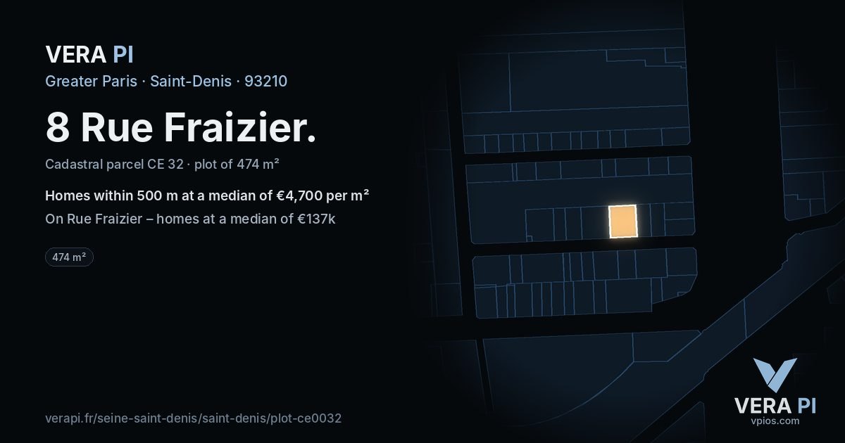 8 Rue Fraizier, Saint-Denis at night – the plot lit, the parcels around coloured by the prices near them