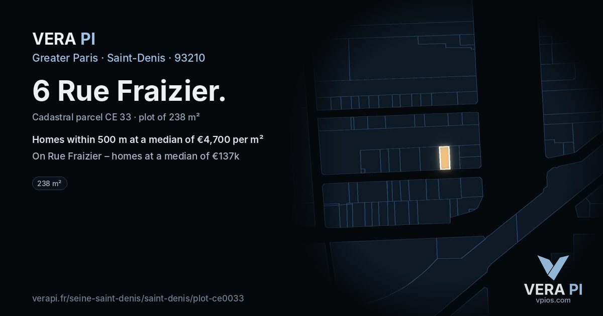 6 Rue Fraizier, Saint-Denis at night – the plot lit, the parcels around coloured by the prices near them
