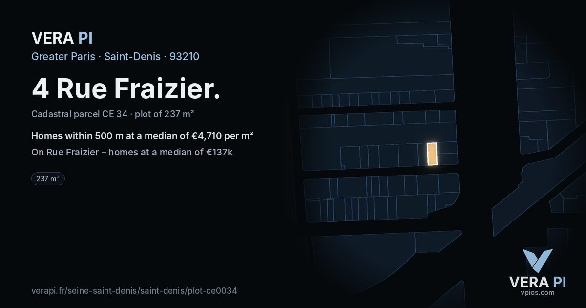 4 Rue Fraizier, Saint-Denis at night – the plot lit, the parcels around coloured by the prices near them