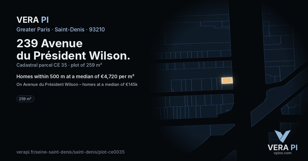239 Avenue du Président Wilson, Saint-Denis at night – the plot lit, the parcels around coloured by the prices near them