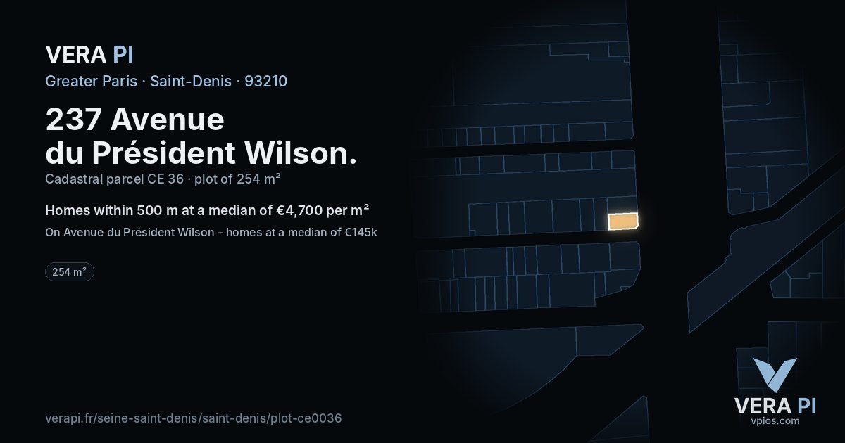 237 Avenue du Président Wilson, Saint-Denis at night – the plot lit, the parcels around coloured by the prices near them