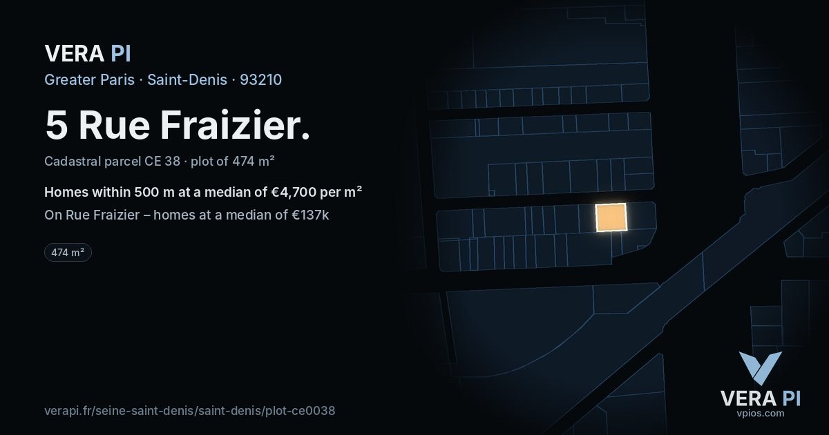 5 Rue Fraizier, Saint-Denis at night – the plot lit, the parcels around coloured by the prices near them