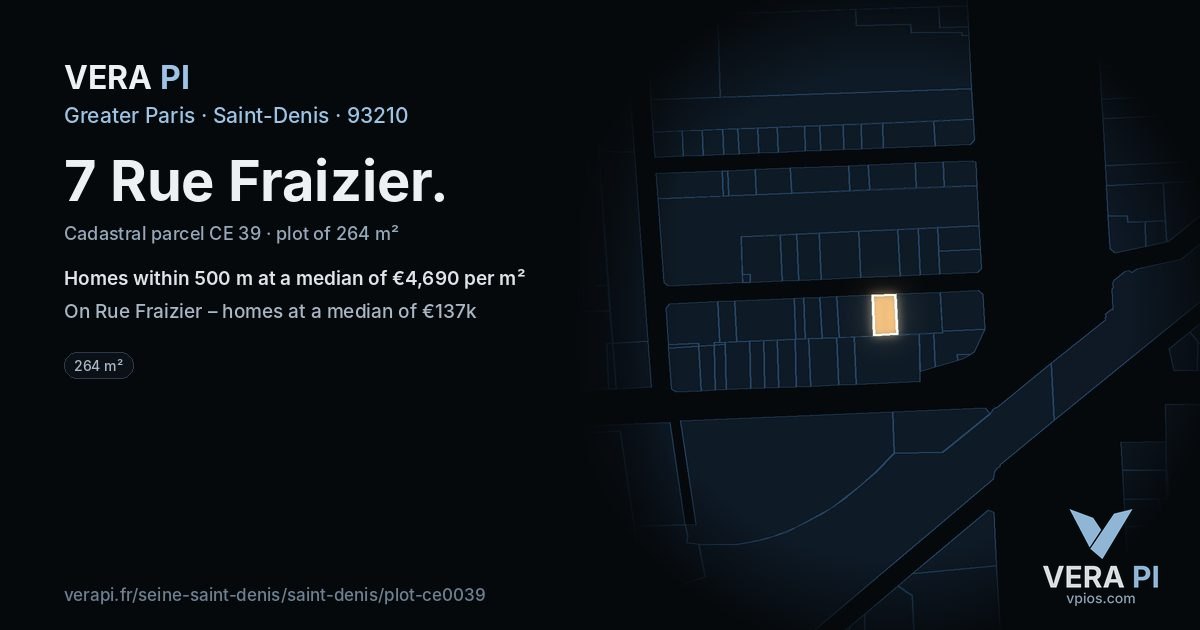 7 Rue Fraizier, Saint-Denis at night – the plot lit, the parcels around coloured by the prices near them