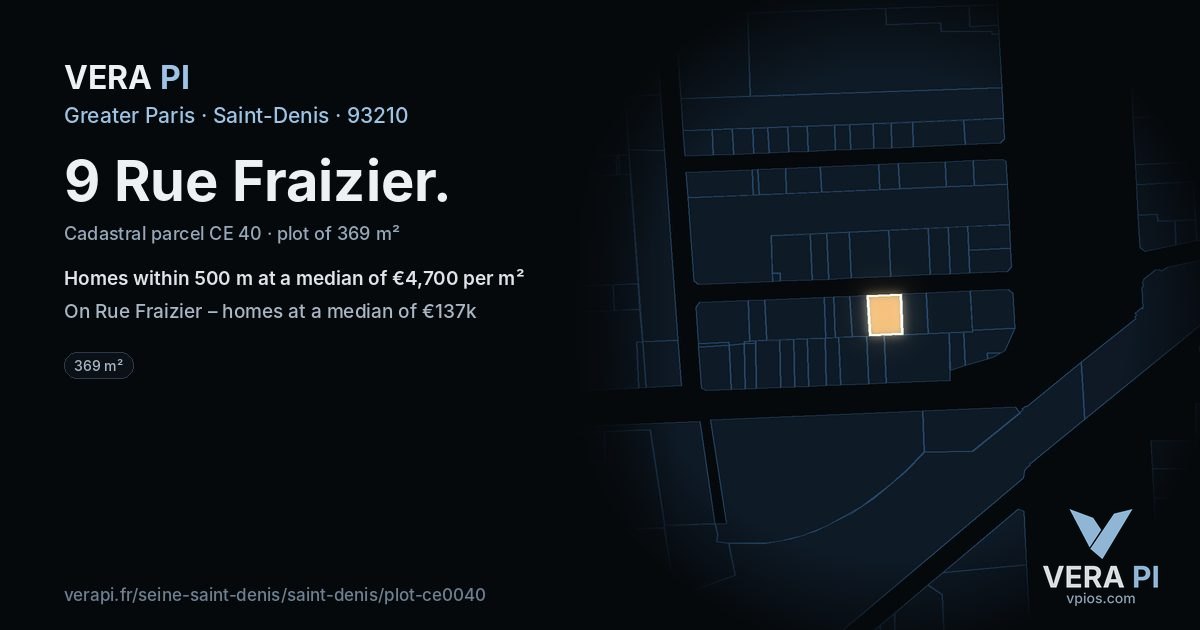 9 Rue Fraizier, Saint-Denis at night – the plot lit, the parcels around coloured by the prices near them