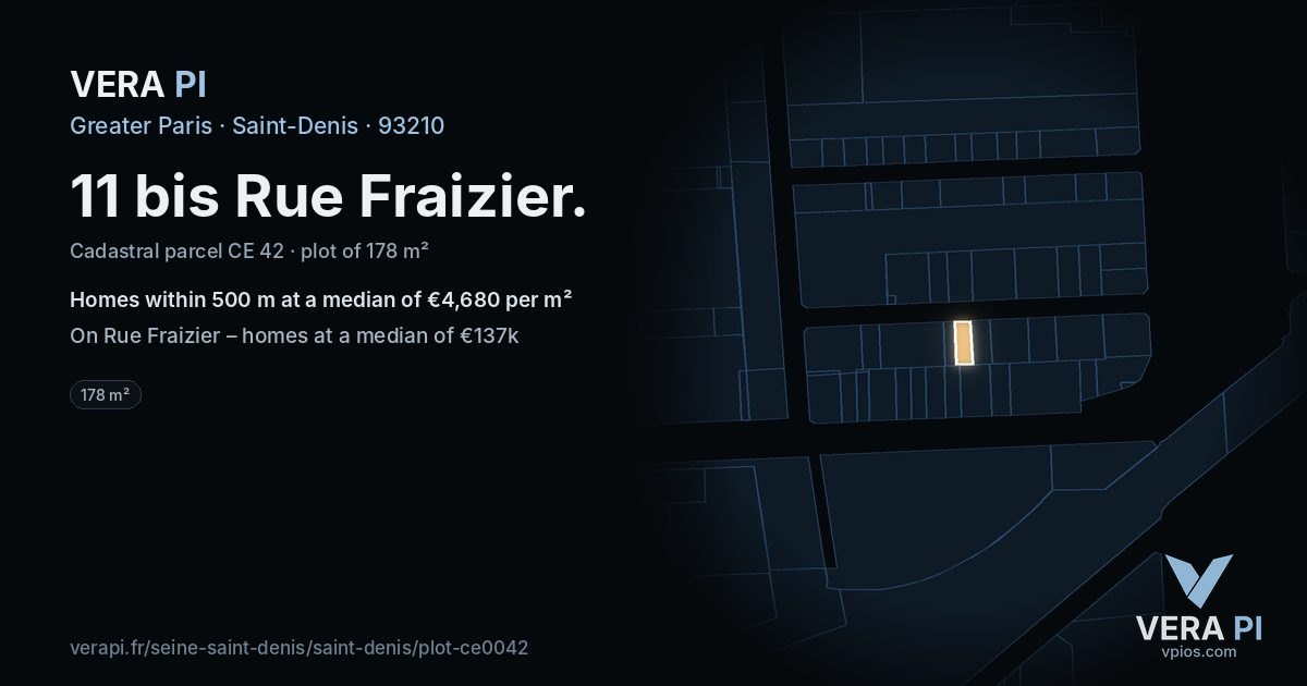 11 bis Rue Fraizier, Saint-Denis at night – the plot lit, the parcels around coloured by the prices near them