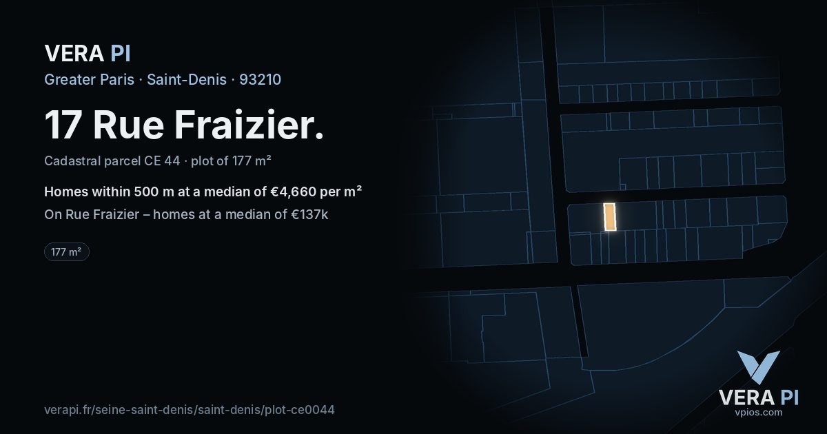 17 Rue Fraizier, Saint-Denis at night – the plot lit, the parcels around coloured by the prices near them