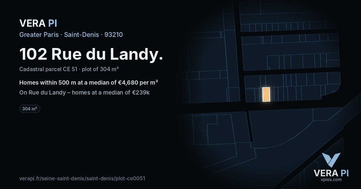 102 Rue du Landy, Saint-Denis at night – the plot lit, the parcels around coloured by the prices near them