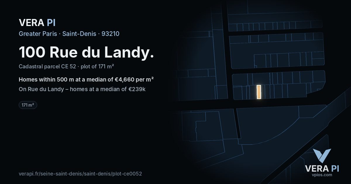 100 Rue du Landy, Saint-Denis at night – the plot lit, the parcels around coloured by the prices near them