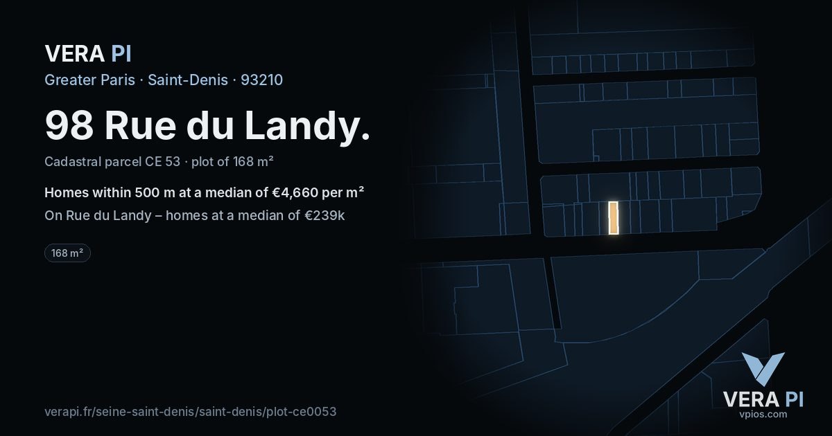 98 Rue du Landy, Saint-Denis at night – the plot lit, the parcels around coloured by the prices near them