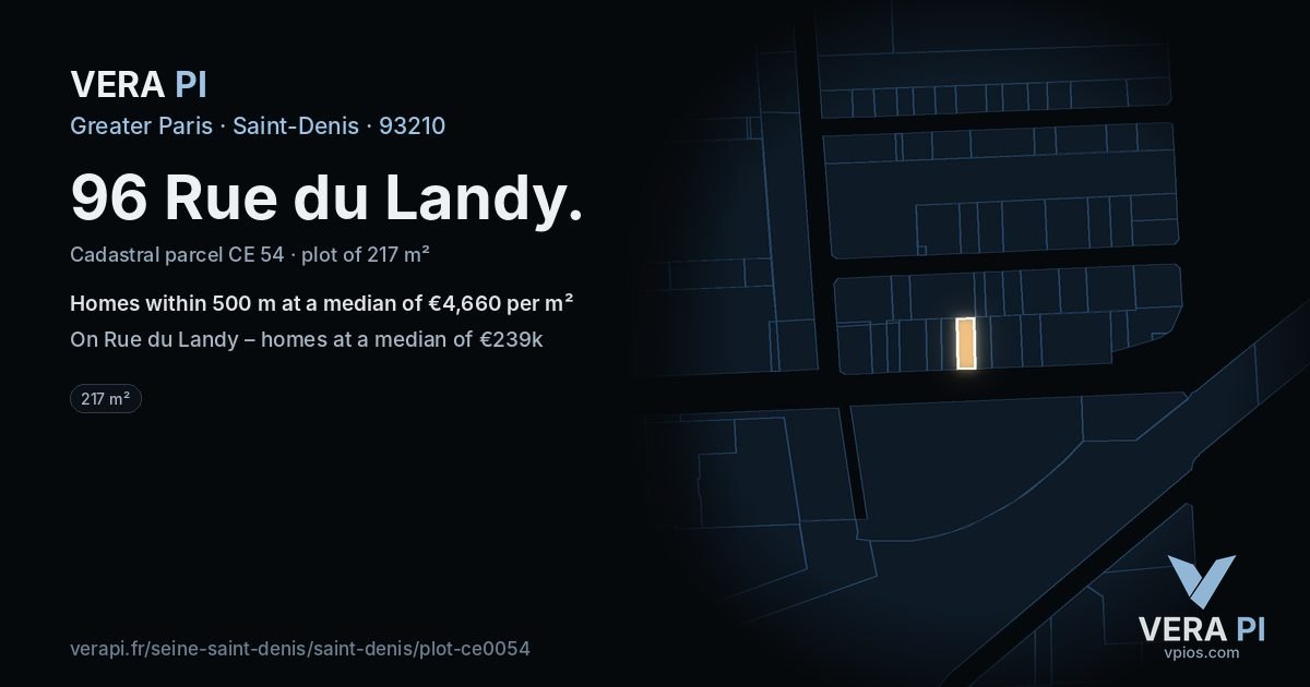96 Rue du Landy, Saint-Denis at night – the plot lit, the parcels around coloured by the prices near them