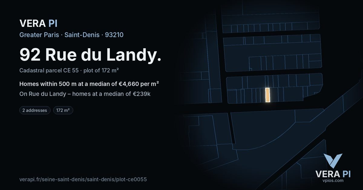 92 Rue du Landy, Saint-Denis at night – the plot lit, the parcels around coloured by the prices near them