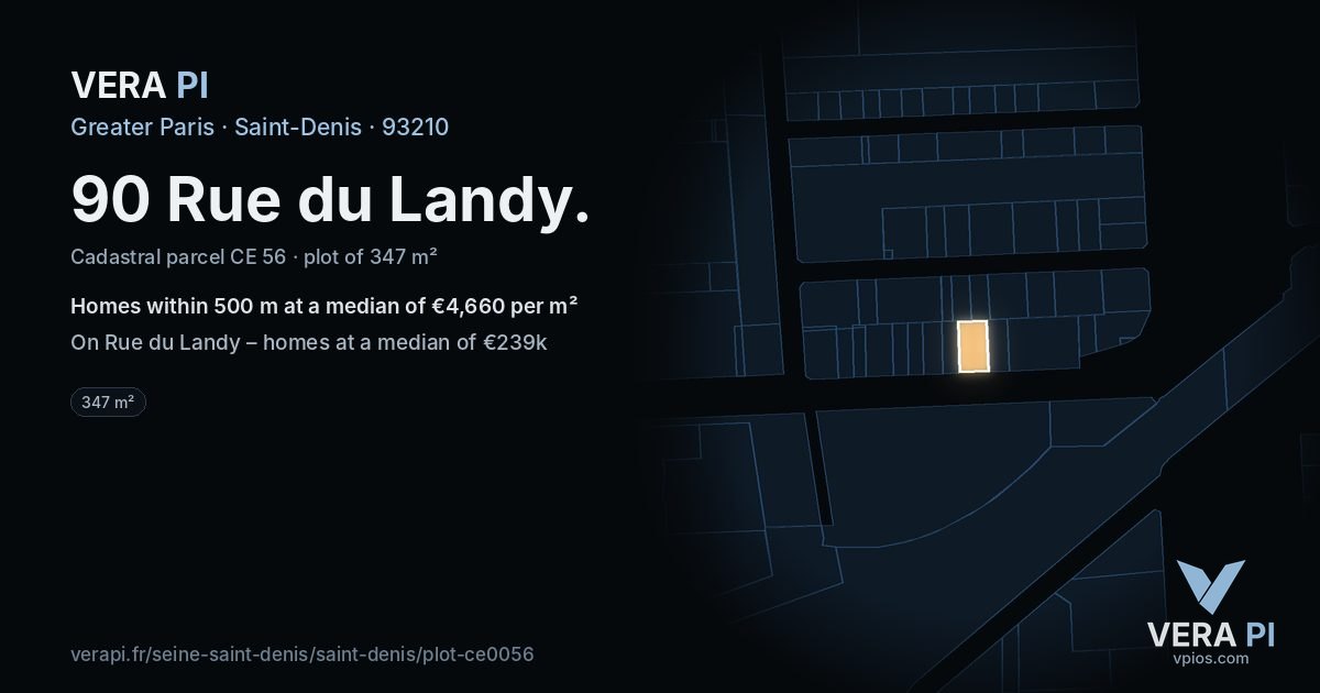 90 Rue du Landy, Saint-Denis at night – the plot lit, the parcels around coloured by the prices near them