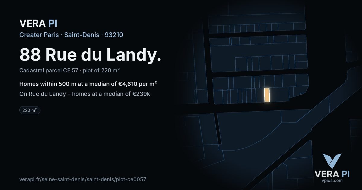 88 Rue du Landy, Saint-Denis at night – the plot lit, the parcels around coloured by the prices near them