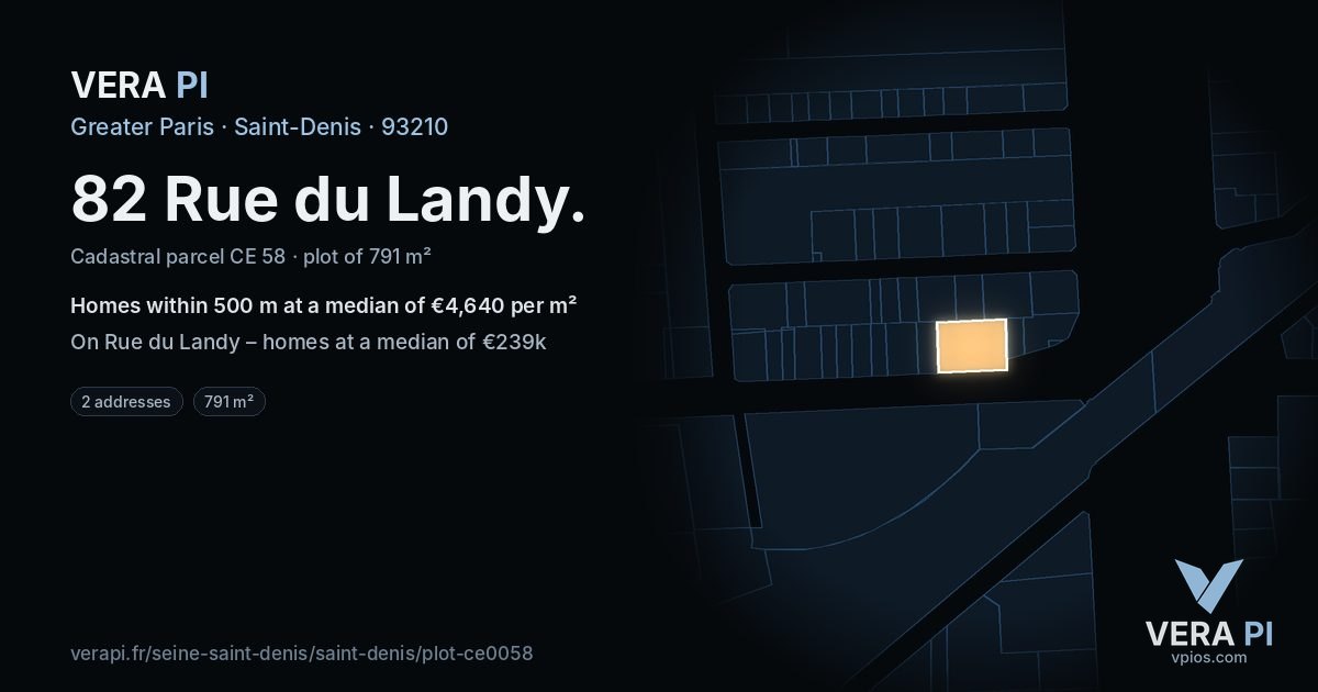 82 Rue du Landy, Saint-Denis at night – the plot lit, the parcels around coloured by the prices near them