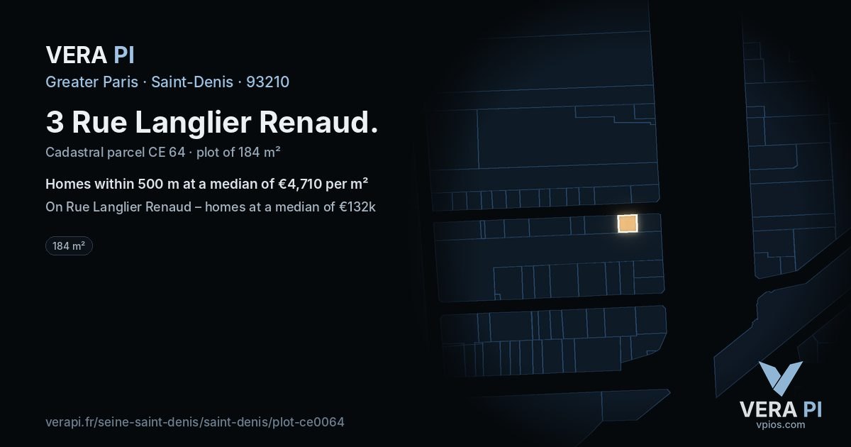 3 Rue Langlier Renaud, Saint-Denis at night – the plot lit, the parcels around coloured by the prices near them