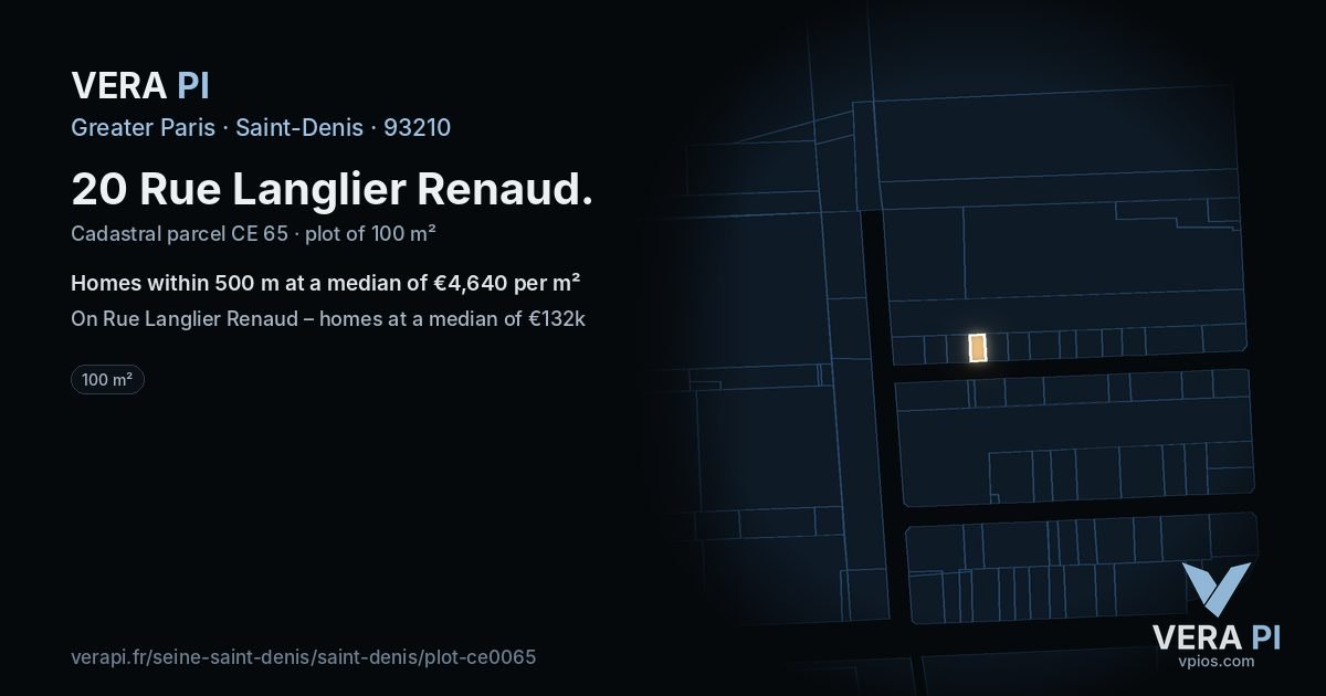 20 Rue Langlier Renaud, Saint-Denis at night – the plot lit, the parcels around coloured by the prices near them