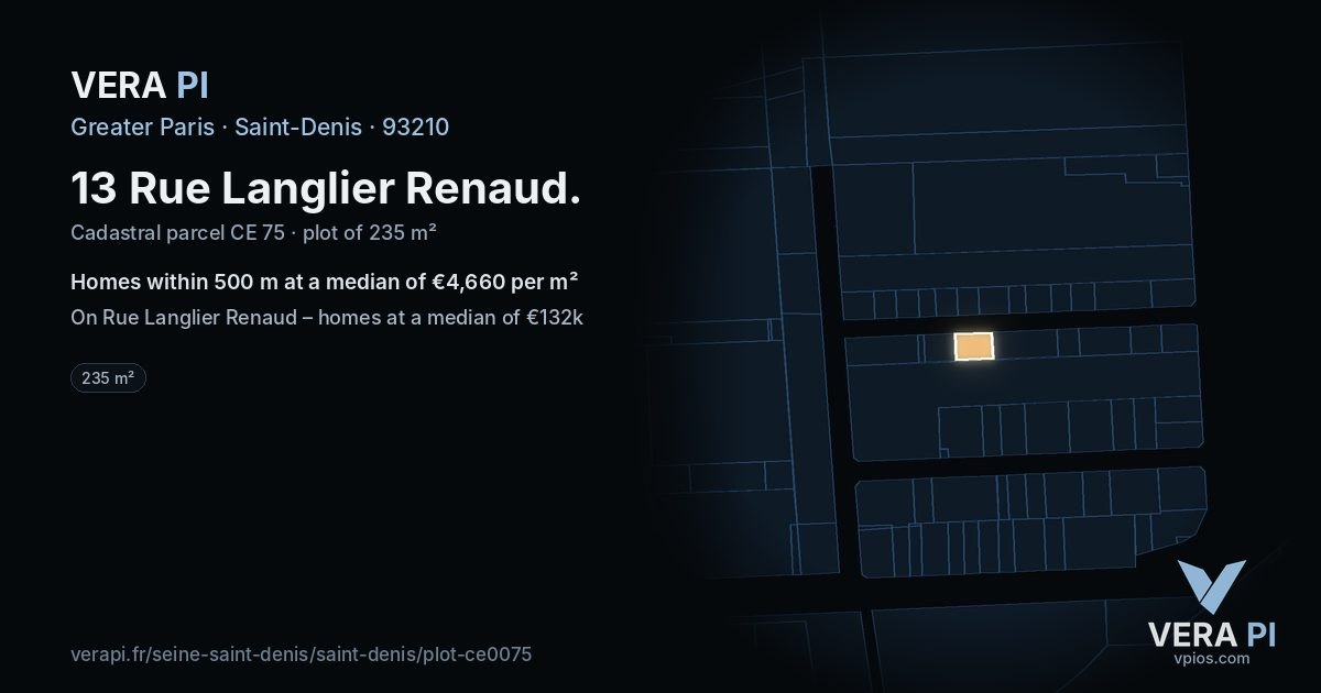 13 Rue Langlier Renaud, Saint-Denis at night – the plot lit, the parcels around coloured by the prices near them