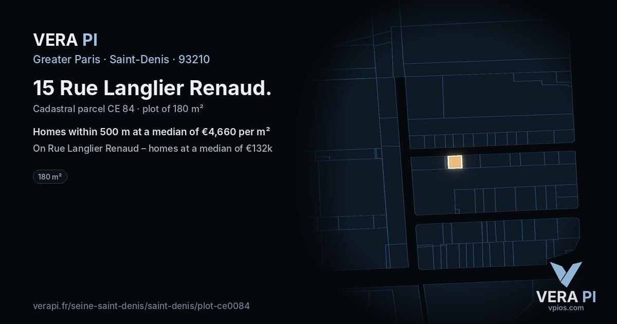 15 Rue Langlier Renaud, Saint-Denis at night – the plot lit, the parcels around coloured by the prices near them