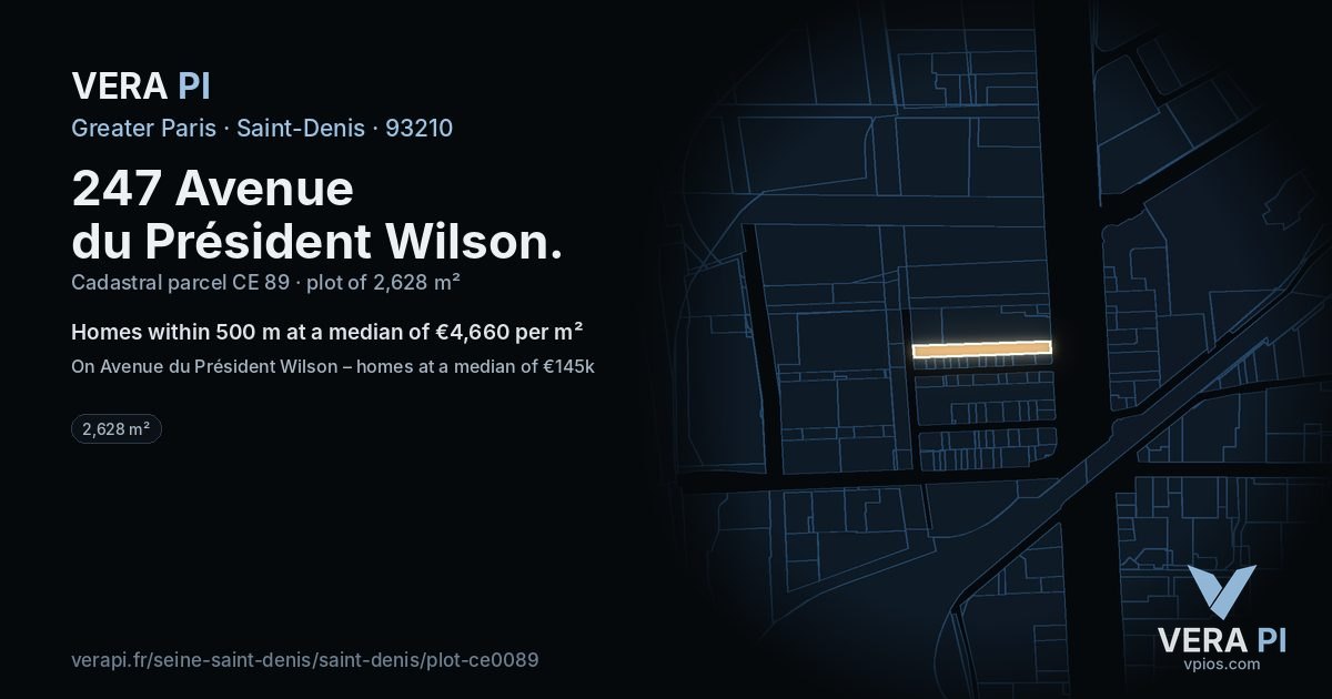 247 Avenue du Président Wilson, Saint-Denis at night – the plot lit, the parcels around coloured by the prices near them