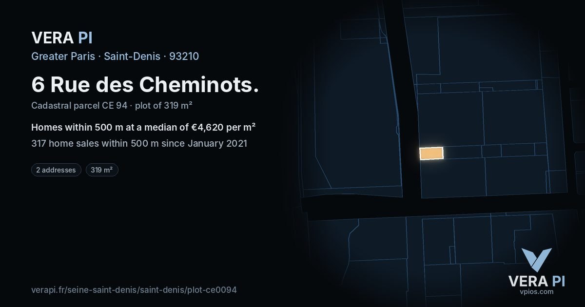 6 Rue des Cheminots, Saint-Denis at night – the plot lit, the parcels around coloured by the prices near them