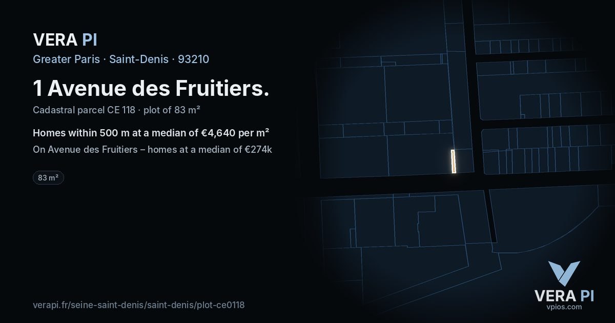 1 Avenue des Fruitiers, Saint-Denis at night – the plot lit, the parcels around coloured by the prices near them