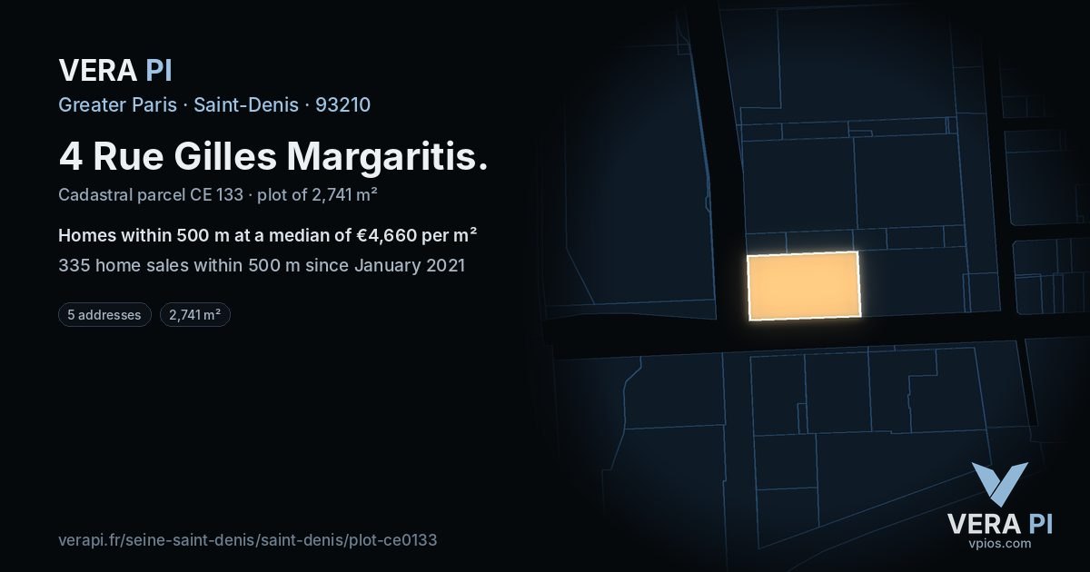 4 Rue Gilles Margaritis, Saint-Denis at night – the plot lit, the parcels around coloured by the prices near them
