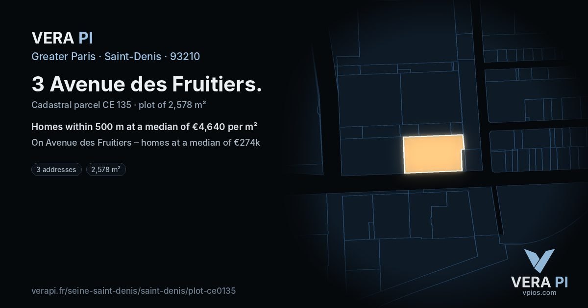 3 Avenue des Fruitiers, Saint-Denis at night – the plot lit, the parcels around coloured by the prices near them