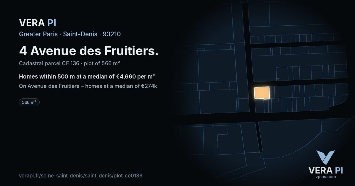 4 Avenue des Fruitiers, Saint-Denis at night – the plot lit, the parcels around coloured by the prices near them