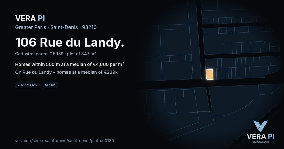 106 Rue du Landy, Saint-Denis at night – the plot lit, the parcels around coloured by the prices near them