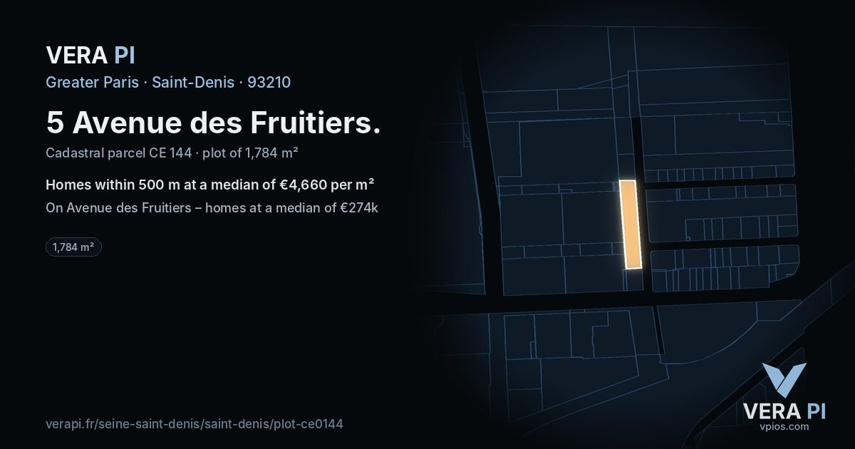 5 Avenue des Fruitiers, Saint-Denis at night – the plot lit, the parcels around coloured by the prices near them