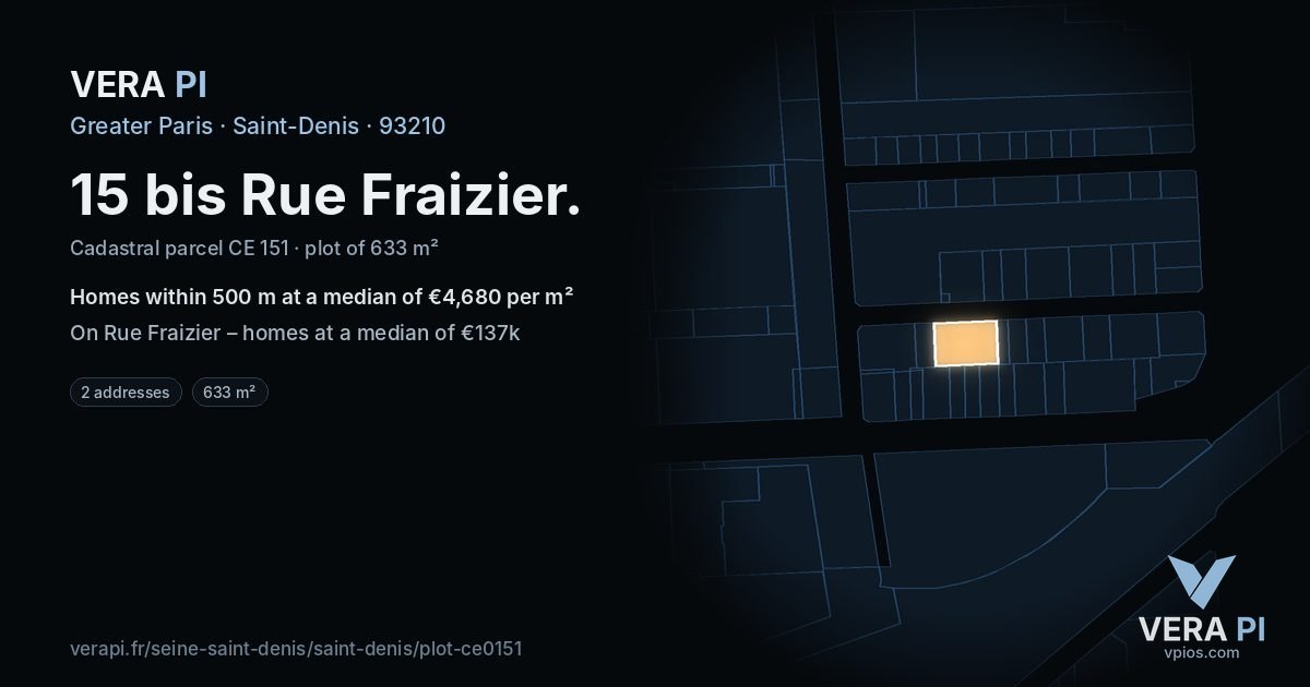 15 bis Rue Fraizier, Saint-Denis at night – the plot lit, the parcels around coloured by the prices near them