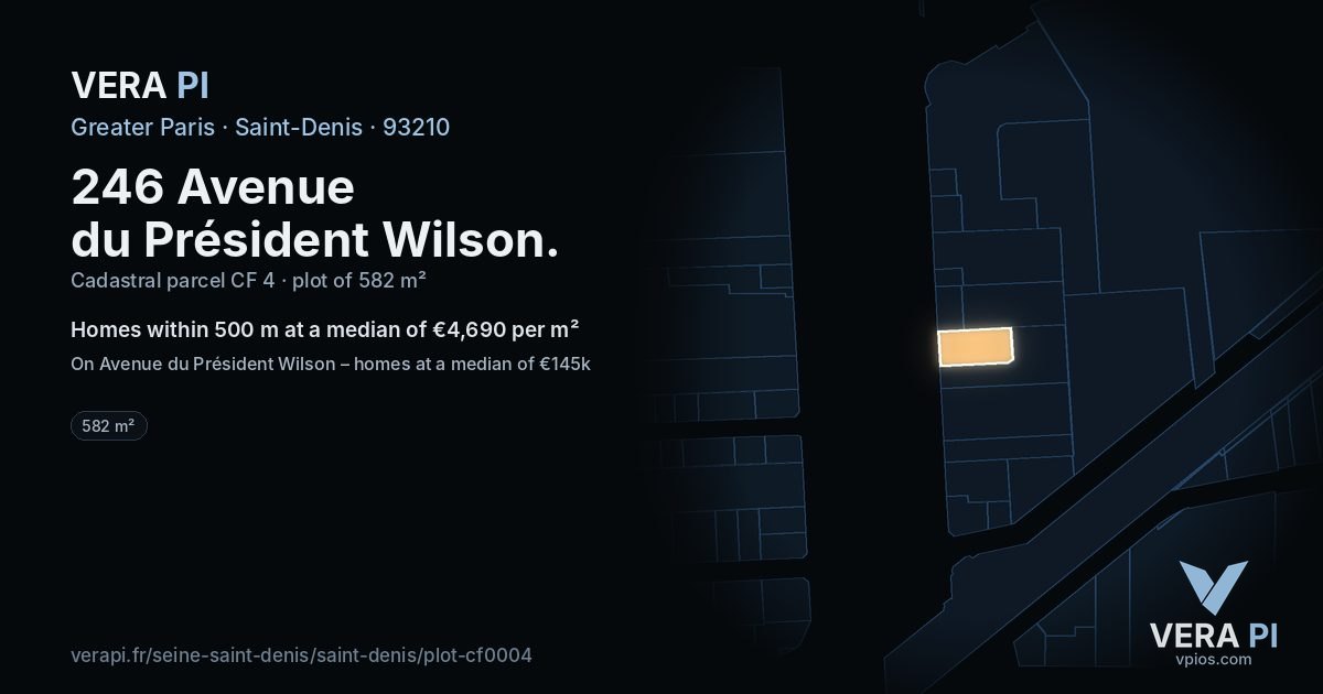 246 Avenue du Président Wilson, Saint-Denis at night – the plot lit, the parcels around coloured by the prices near them