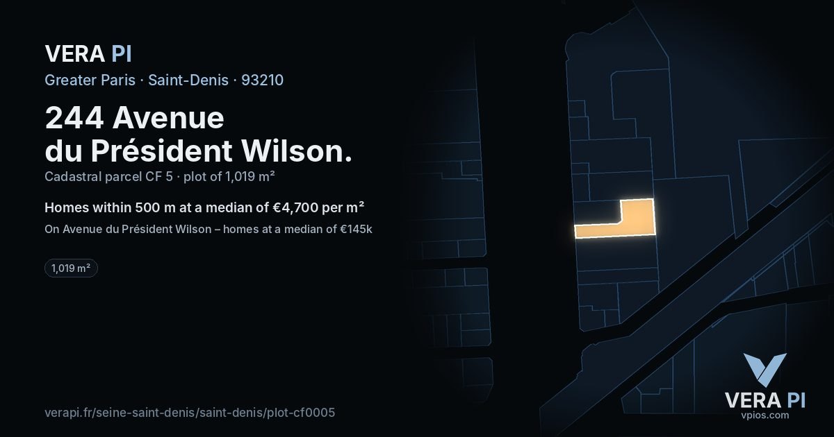 244 Avenue du Président Wilson, Saint-Denis at night – the plot lit, the parcels around coloured by the prices near them