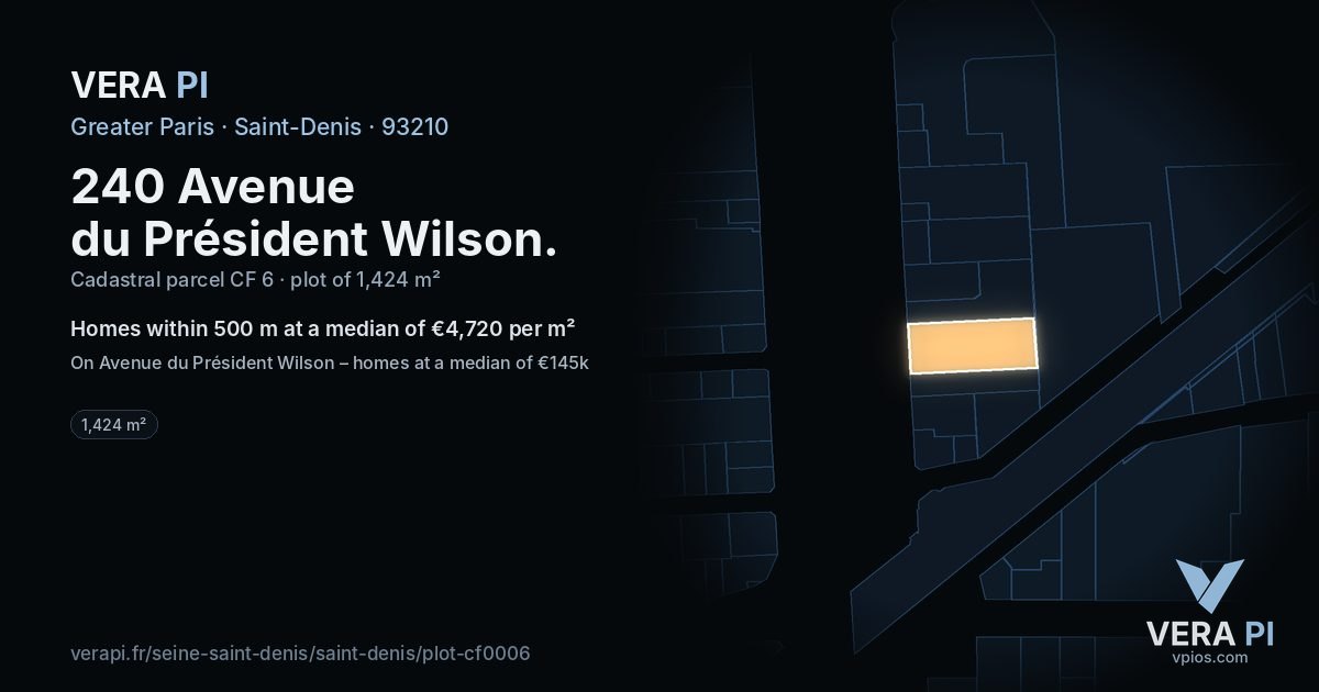 240 Avenue du Président Wilson, Saint-Denis at night – the plot lit, the parcels around coloured by the prices near them