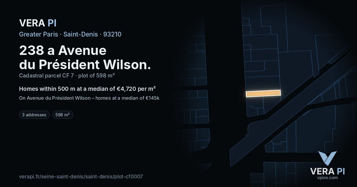 238 a Avenue du Président Wilson, Saint-Denis at night – the plot lit, the parcels around coloured by the prices near them