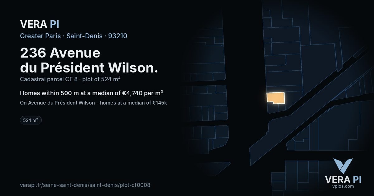 236 Avenue du Président Wilson, Saint-Denis at night – the plot lit, the parcels around coloured by the prices near them