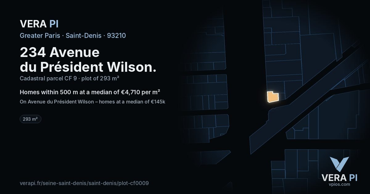 234 Avenue du Président Wilson, Saint-Denis at night – the plot lit, the parcels around coloured by the prices near them