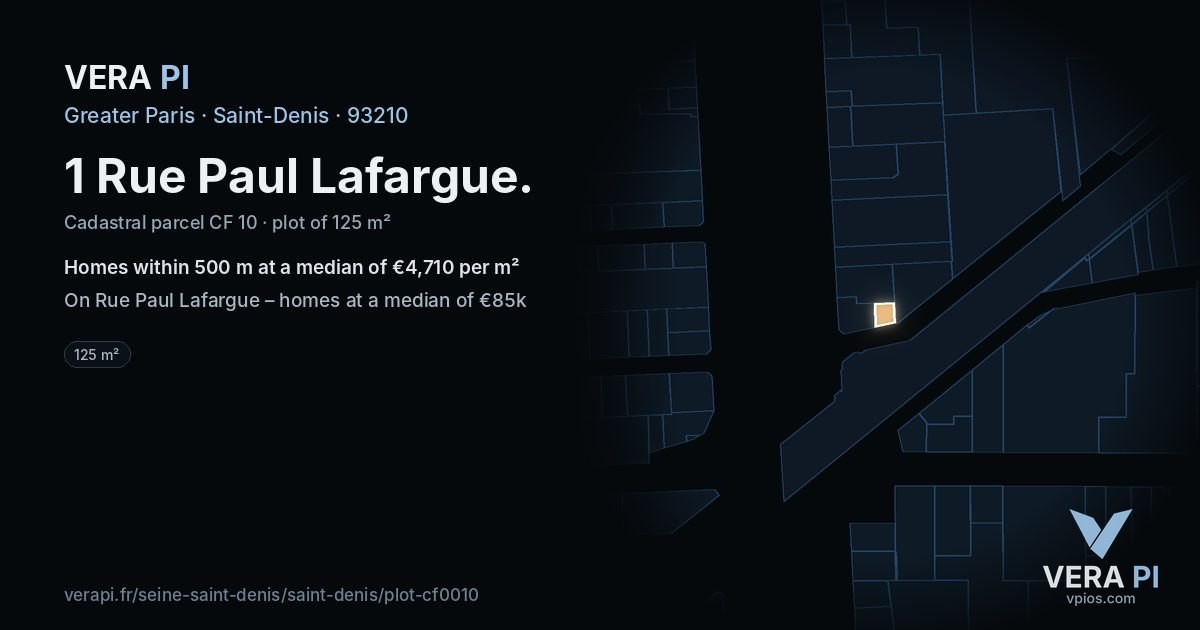 1 Rue Paul Lafargue, Saint-Denis at night – the plot lit, the parcels around coloured by the prices near them
