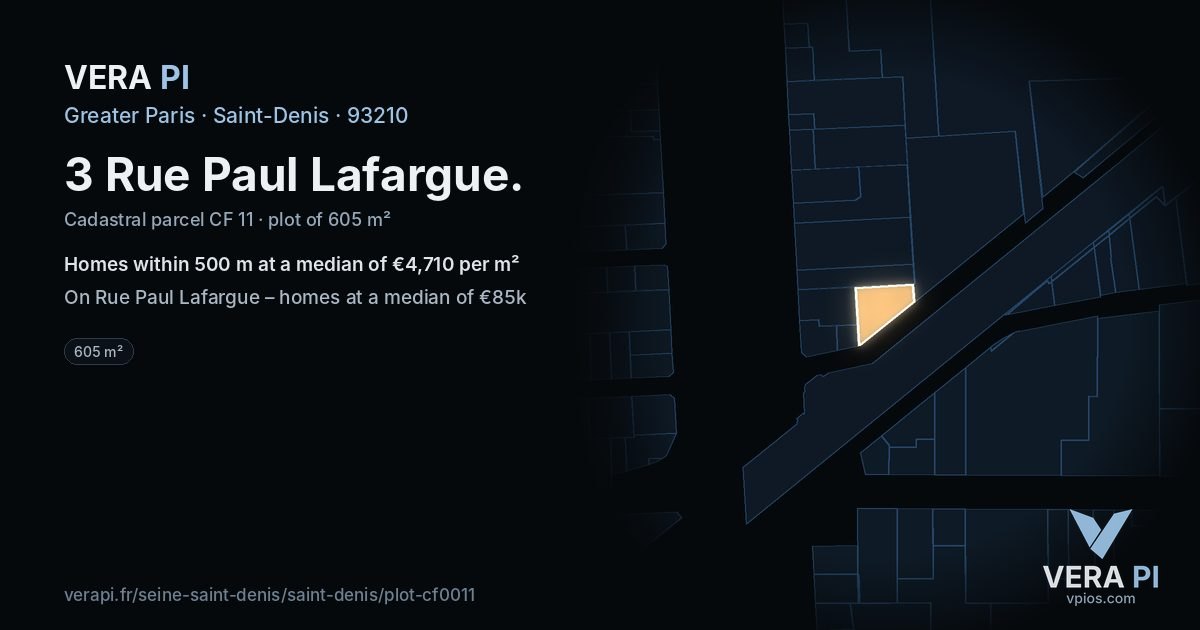3 Rue Paul Lafargue, Saint-Denis at night – the plot lit, the parcels around coloured by the prices near them
