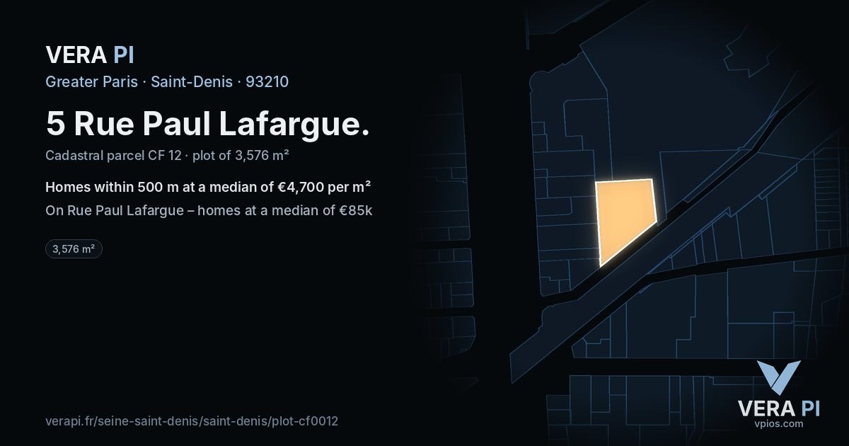 5 Rue Paul Lafargue, Saint-Denis at night – the plot lit, the parcels around coloured by the prices near them