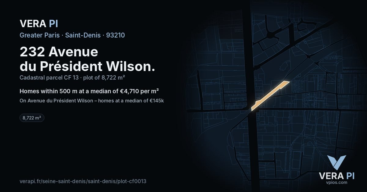 232 Avenue du Président Wilson, Saint-Denis at night – the plot lit, the parcels around coloured by the prices near them