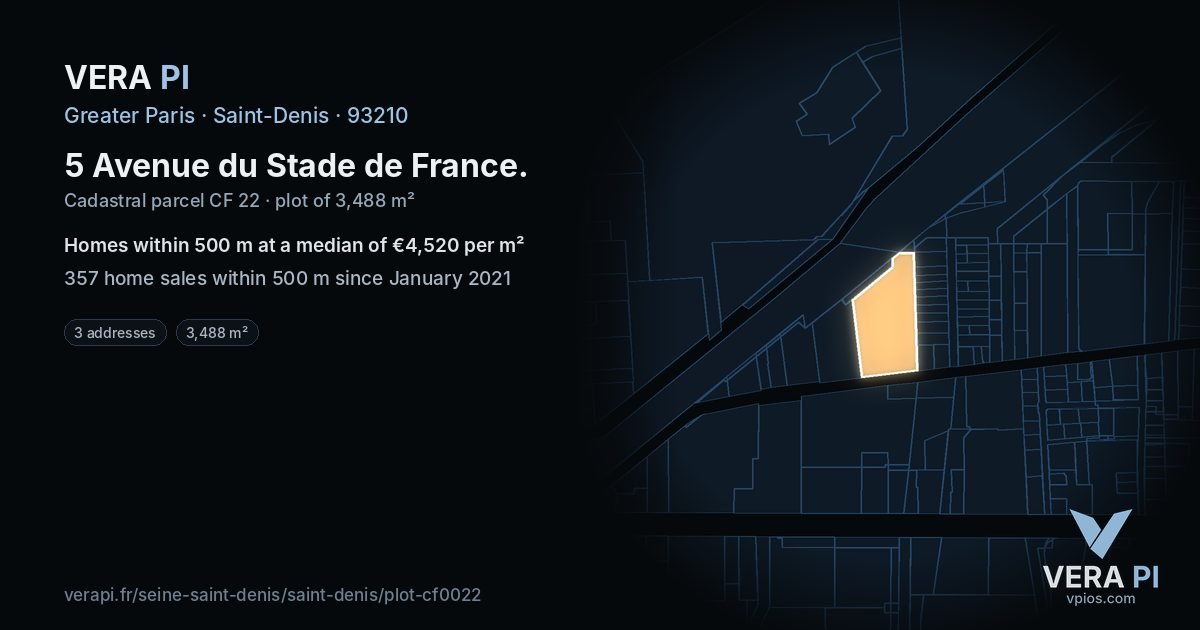 5 Avenue du Stade de France, Saint-Denis at night – the plot lit, the parcels around coloured by the prices near them