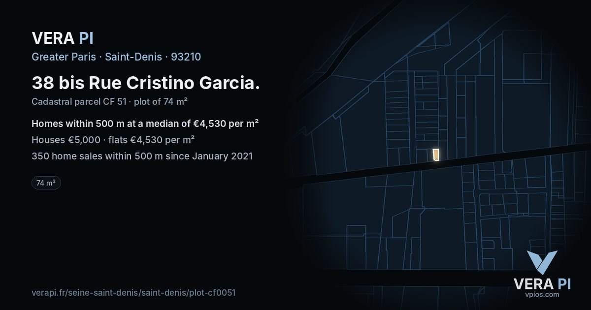38 bis Rue Cristino Garcia, Saint-Denis at night – the plot lit, the parcels around coloured by the prices near them