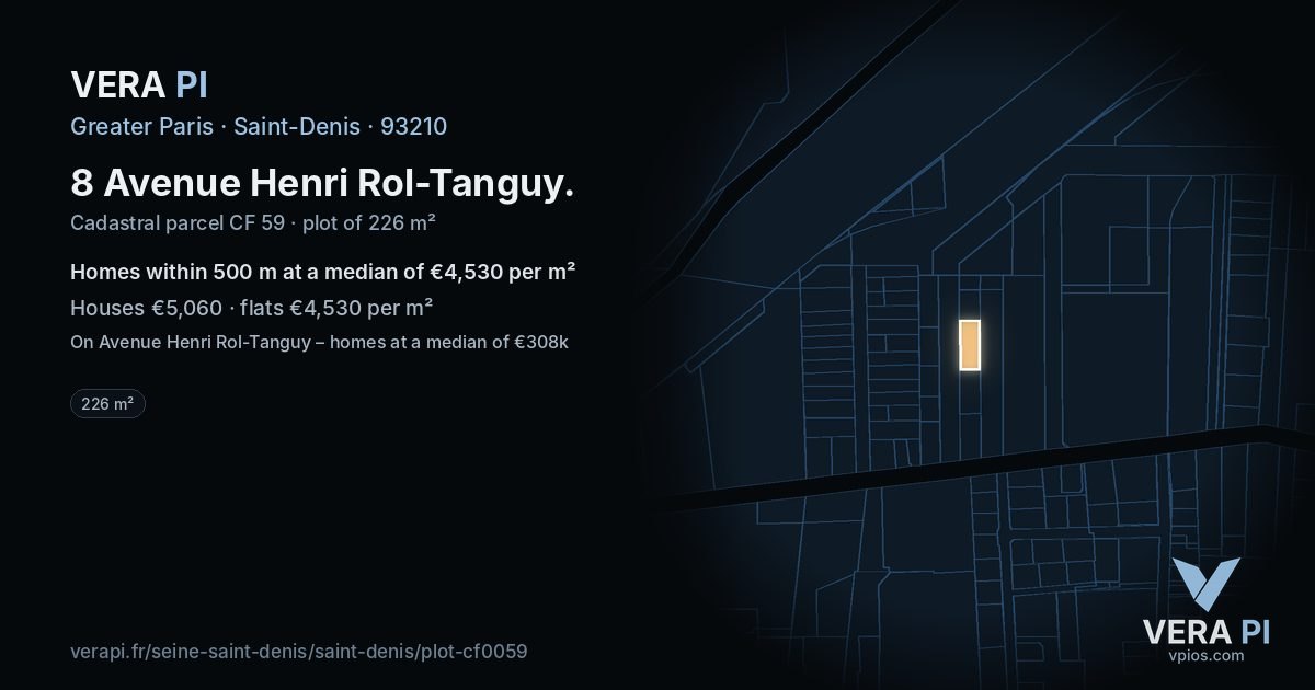 8 Avenue Henri Rol-Tanguy, Saint-Denis at night – the plot lit, the parcels around coloured by the prices near them