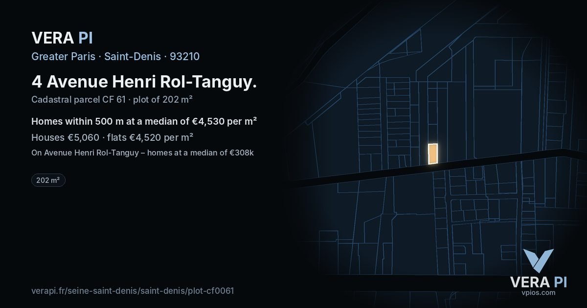 4 Avenue Henri Rol-Tanguy, Saint-Denis at night – the plot lit, the parcels around coloured by the prices near them