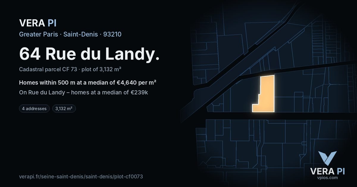 64 Rue du Landy, Saint-Denis at night – the plot lit, the parcels around coloured by the prices near them