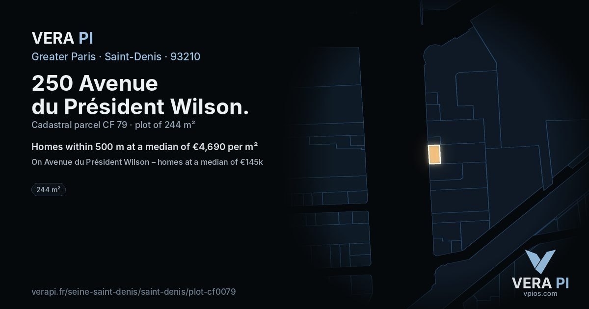 250 Avenue du Président Wilson, Saint-Denis at night – the plot lit, the parcels around coloured by the prices near them