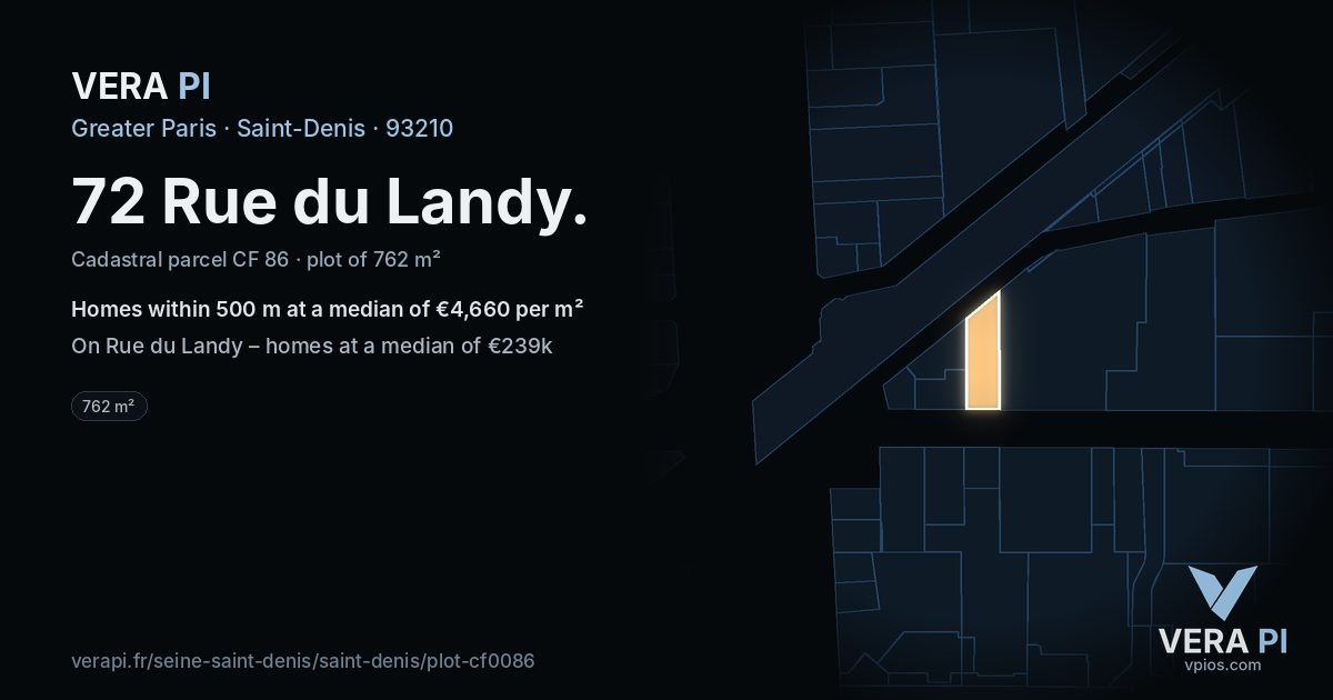 72 Rue du Landy, Saint-Denis at night – the plot lit, the parcels around coloured by the prices near them