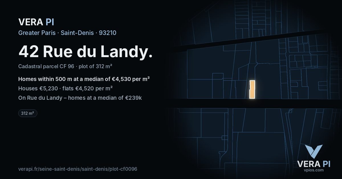 42 Rue du Landy, Saint-Denis at night – the plot lit, the parcels around coloured by the prices near them